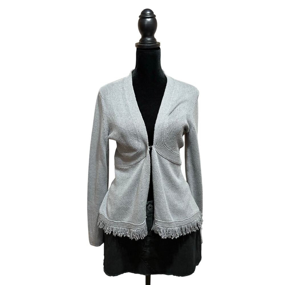 Anthropologie Sparrow grand drape cardigan fringe trim women's M peplum boho‎